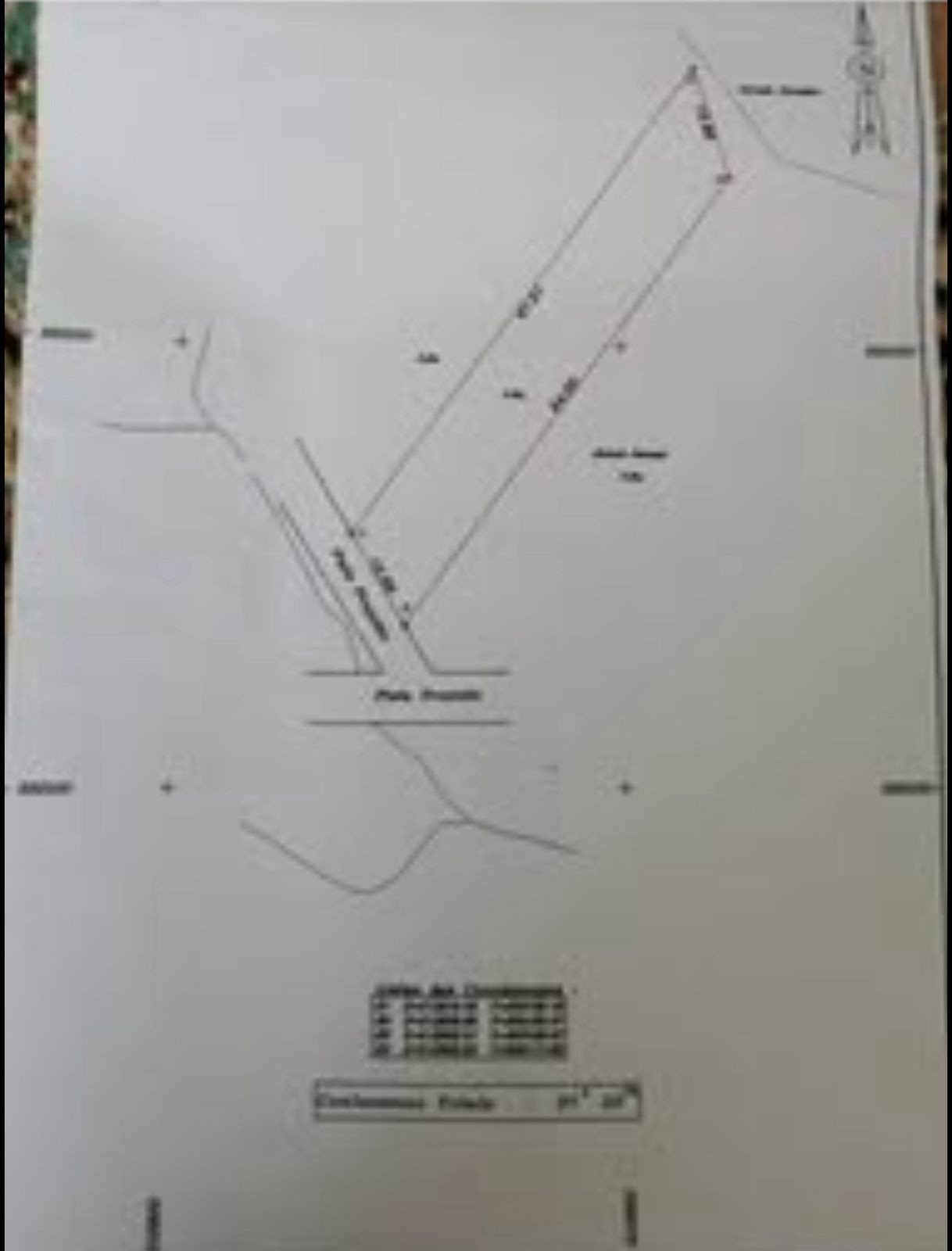 Survey sketch showing land measurements, boundaries with labeled distances and sections, including roads and significant points.